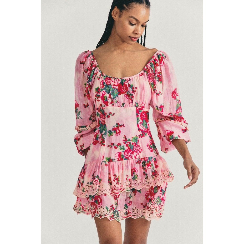 Loveshackfancy Ambrosia Dress Pink Desert Floral Mini Puff Sleeve 0 Nwot $475